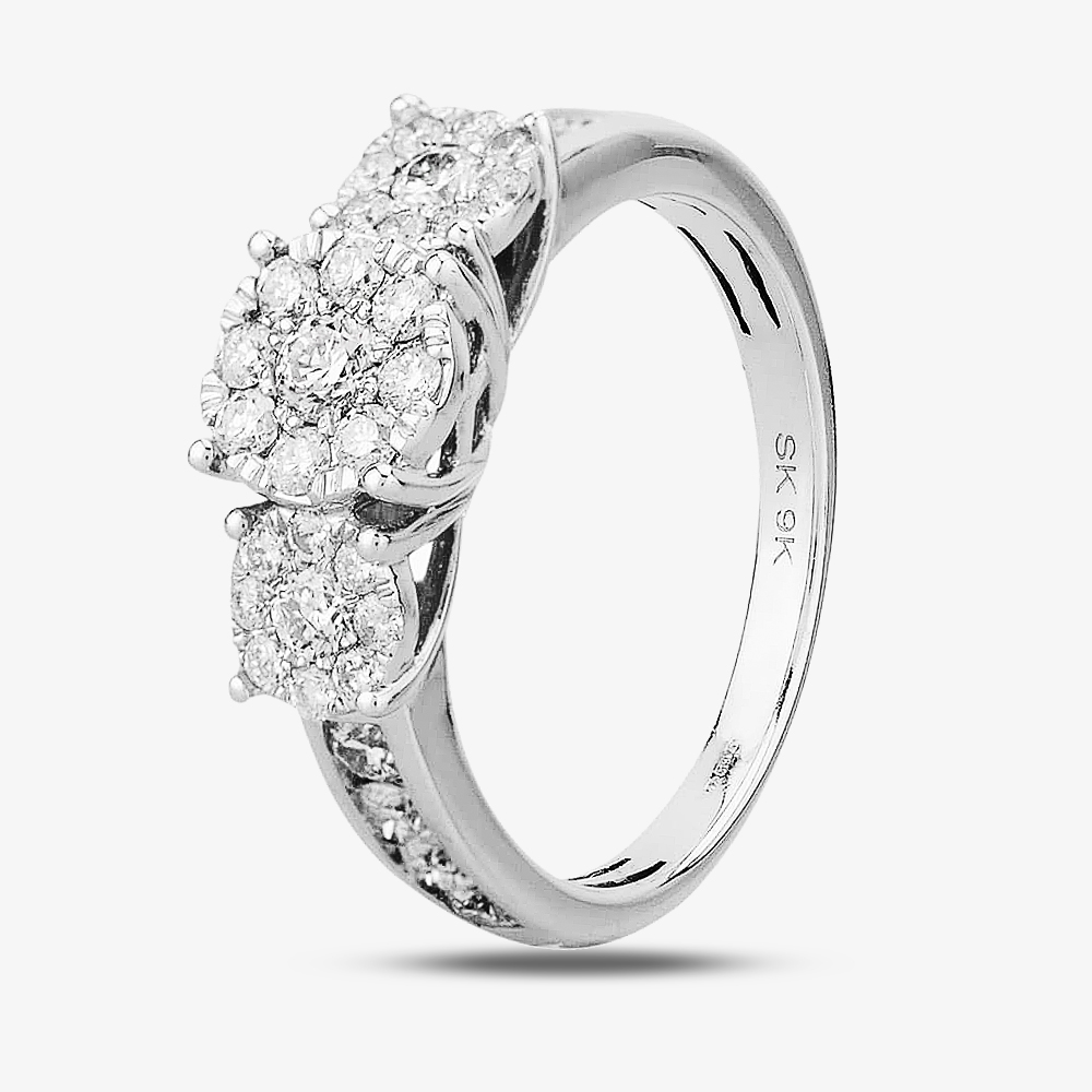 Burrells 9ct White Gold 1.00ct Diamond Cluster Trilogy Ring THR15119-100Tb 9Kw L